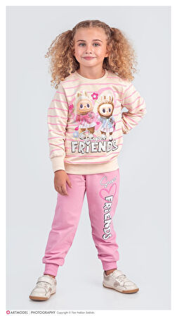 PJK2İ Labubu Desenli 2 İp %100 Pamuk Kız Çocuk Eşofman Takımı 3-10 Yaş 8228