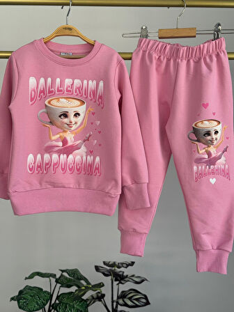 PJK2İ Ballerina Cappuccina Desenli 2 İp %100 Pamuk Kız Çocuk Eşofman Takımı 3-10 Yaş 8236