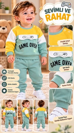 Çağkon Game Over 2 İp %100 Pamuk Erkek Çocuk Eşofman Takımı 12-24 Ay 11117