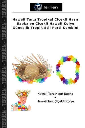 Hawaii Tarzı Tropikal Çiçekli Hasır Şapka ve Çiçekli Hawaii Kolye Güneşlik Tropik Stil Parti Kombini