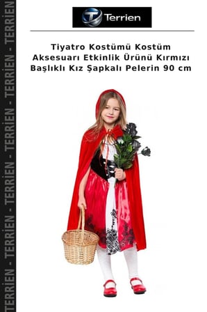 Tiyatro Kostümü Kostüm Aksesuarı Etkinlik Ürünü Kırmızı Başlıklı Kız Şapkalı Pelerin 90 cm