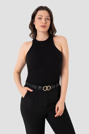 Regular Kesim Sade Tarz Kadın Pamuklu Fitilli Görünümlü Halter Yaka Basic Siyah Atlet 2'li Paket