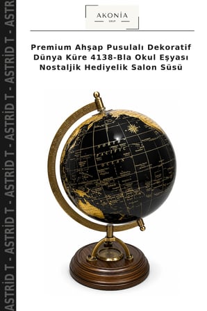 Premium Ahşap Pusulalı Dekoratif Dünya Küre 4138-Bla Okul Eşyası Nostaljik Hediyelik Salon Süsü