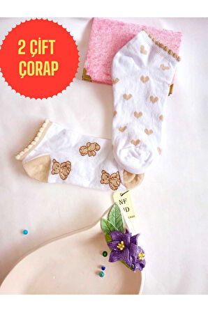 2 ÇİFT PATİK ÇORAP DİKİŞSİZ PAMUKLU KISA KONÇ DESENLİ KADIN ÇORABI BEYAZ KAHVERENGİ 36-40