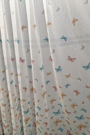 Çocuk Odası Renkli Kelebek Modeli 2kat Pileli Tül Perde