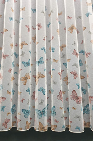 Çocuk Odası Renkli Kelebek Modeli 2kat Pileli Tül Perde