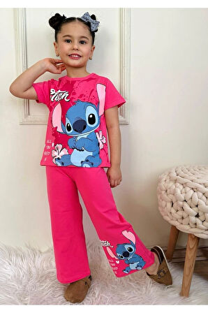 PJKBP Stitch Desenli Fuşya Bol Paça Kız Çocuk Kısa Kol Takım 3-10 Yaş 7617-F