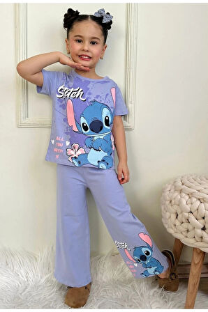 PJKBP Stitch Desenli Lila Bol Paça Kız Çocuk Kısa Kol Takım 3-10 Yaş 7617-L