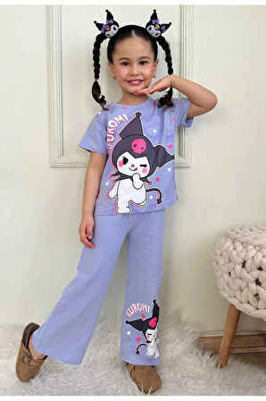PJKBP Kuromi Desenli Lila Bol Paça Kız Çocuk Kısa Kol Takım 3-10 Yaş 7618-L