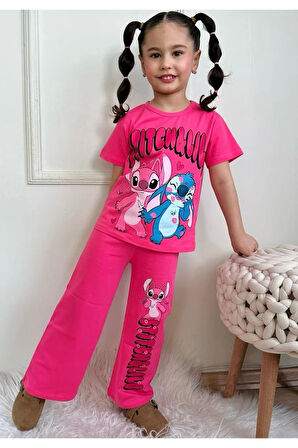 PJKBP Stitch Desenli Fuşya Bol Paça Kız Çocuk Kısa Kol Takım 3-10 Yaş 7619-F