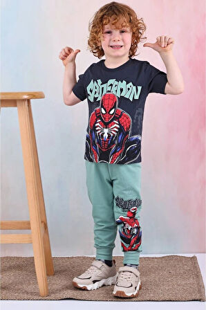 PJKKE Örümcek Adam Desenli Yeşil Eşofmanlı Erkek Çocuk Kısa Kol Takım 3-10 Yaş 7438-Y