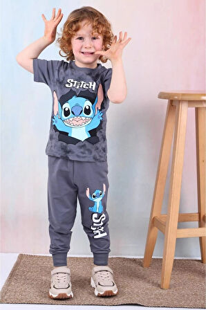 PJKKE Stitch Desenli Füme Eşofmanlı Erkek Çocuk Kısa Kol Takım 3-10 Yaş 7446-F