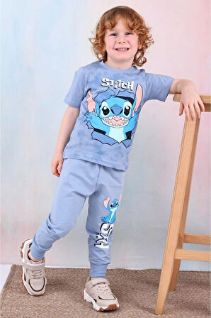 PJKKE Stitch Desenli Mavi Eşofmanlı Erkek Çocuk Kısa Kol Takım 3-10 Yaş 7446-M