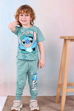 PJKKE Stitch Desenli Yeşil Eşofmanlı Erkek Çocuk Kısa Kol Takım 3-10 Yaş 7446-Y