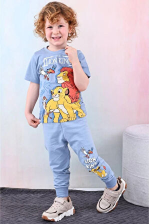PJKKE Lion King Desenli Mavi Eşofmanlı Erkek Çocuk Kısa Kol Takım 3-10 Yaş 7464-M