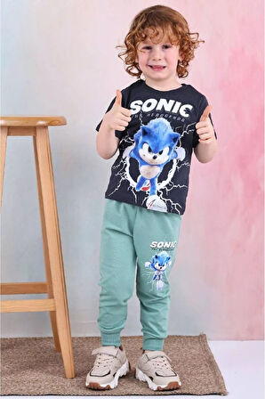 PJKKE Sonic Desenli Yeşil Eşofmanlı Erkek Çocuk Kısa Kol Takım 3-10 Yaş 7467-Y