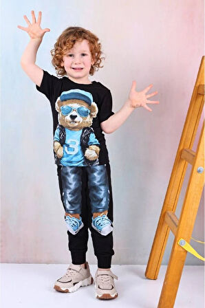 PJKKE Ayıcık Desenli Siyah Eşofmanlı Erkek Çocuk Kısa Kol Takım 3-10 Yaş 7491-S