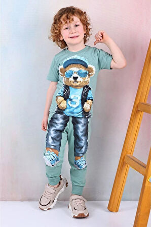 PJKKE Ayıcık Desenli Yeşil Eşofmanlı Erkek Çocuk Kısa Kol Takım 3-10 Yaş 7491-Y