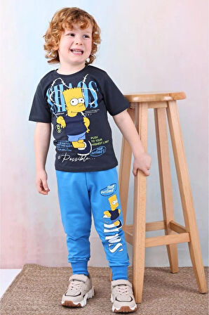 PJKKE Simpson Desenli Koyu Mavi Eşofmanlı Erkek Çocuk Kısa Kol Takım 3-10 Yaş 7492-KM