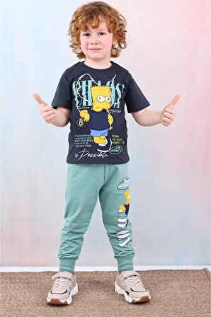 PJKKE Simpson Desenli Yeşil Eşofmanlı Erkek Çocuk Kısa Kol Takım 3-10 Yaş 7492-Y