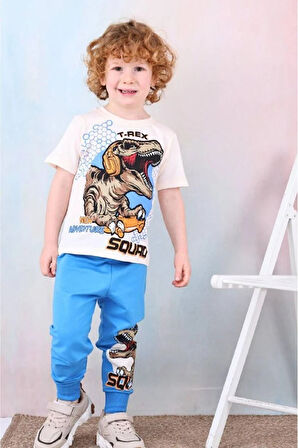 PJKKE T-rex Dinazor Desenli Mavi Eşofmanlı Erkek Çocuk Kısa Kol Takım 3-10 Yaş 7495-M