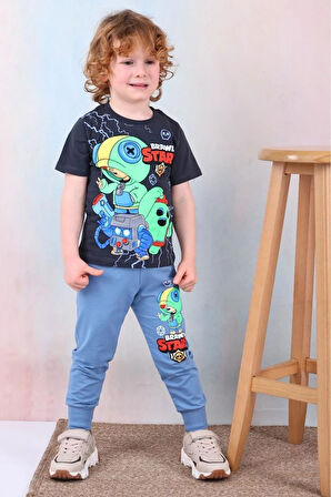 PJKKE Brawl Stars Desenli Mavi Eşofmanlı Erkek Çocuk Kısa Kol Takım 3-10 Yaş 7508-M