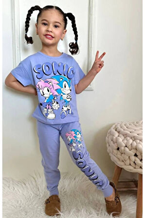 PJKKE Sonic Desenli Lila Eşofmanlı Kız Çocuk Kısa Kol Takım 3-10 Yaş 7431-L