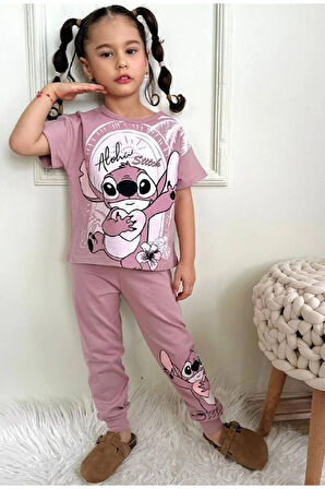 PJKKE Stitch Desenli Gül Kurusu Eşofmanlı Kız Çocuk Kısa Kol Takım 3-10 Yaş 7434-GK