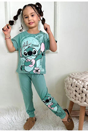 PJKKE Stitch Desenli Yeşil Eşofmanlı Kız Çocuk Kısa Kol Takım 3-10 Yaş 7434-Y