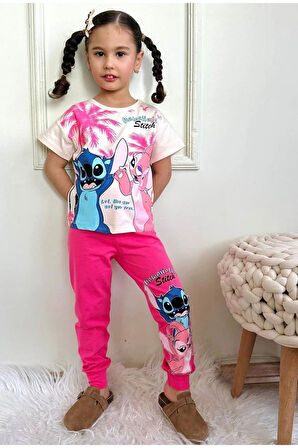 PJKKE Stitch Desenli Fuşya Eşofmanlı Kız Çocuk Kısa Kol Takım 3-10 Yaş 7435-F