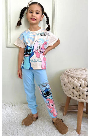 PJKKE Stitch Desenli Mavi Eşofmanlı Kız Çocuk Kısa Kol Takım 3-10 Yaş 7435-M