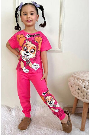 PJKKE Paw Petrol Desenli Fuşya Eşofmanlı Kız Çocuk Kısa Kol Takım 3-10 Yaş 7436-F