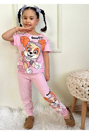 PJKKE Paw Petrol Desenli Pembe Eşofmanlı Kız Çocuk Kısa Kol Takım 3-10 Yaş 7436-P
