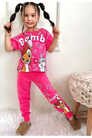 PJKKE BM Desenli Fuşya Eşofmanlı Kız Çocuk Kısa Kol Takım 3-10 Yaş 7452-F