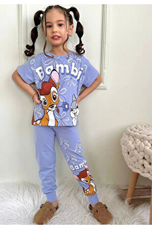PJKKE BM Desenli Lila Eşofmanlı Kız Çocuk Kısa Kol Takım 3-10 Yaş 7452-L