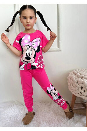 PJKKE Minnie Mause Desenli Fuşya Eşofmanlı Kız Çocuk Kısa Kol Takım 3-10 Yaş 7454-F