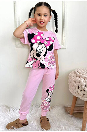 PJKKE Minnie Mause Desenli Pembe Eşofmanlı Kız Çocuk Kısa Kol Takım 3-10 Yaş 7454-P