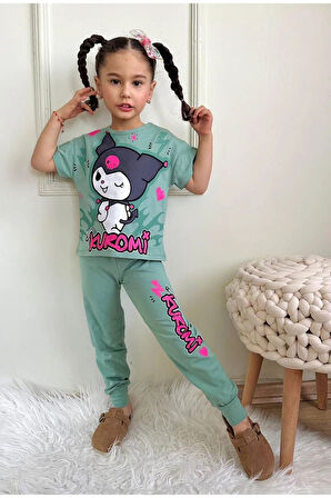 PJKKE Kuromi Desenli Yeşil Eşofmanlı Kız Çocuk Kısa Kol Takım 3-10 Yaş 7456-Y