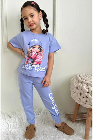 PJKKE Şapkalı Kız Desenli Lila Eşofmanlı Kız Çocuk Kısa Kol Takım 3-10 Yaş 7457-L