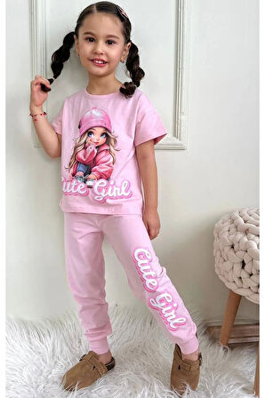 PJKKE Şapkalı Kız Desenli Pembe Eşofmanlı Kız Çocuk Kısa Kol Takım 3-10 Yaş 7457-P