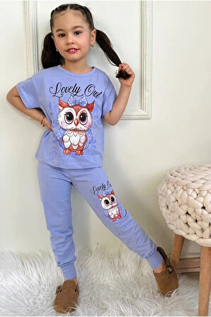 PJKKE Baykuş Desenli Lila Eşofmanlı Kız Çocuk Kısa Kol Takım 3-10 Yaş 7458-L