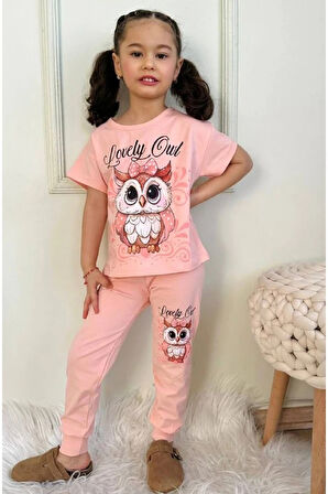 PJKKE Baykuş Desenli Somon Eşofmanlı Kız Çocuk Kısa Kol Takım 3-10 Yaş 7458-S