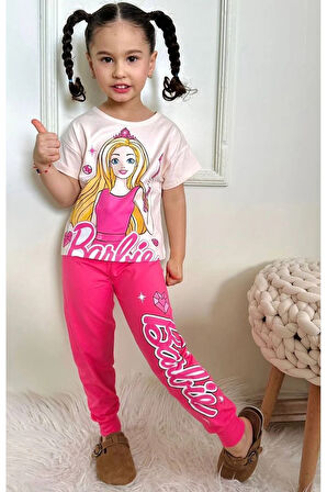 PJKKE Barbie Desenli Fuşya Eşofmanlı Kız Çocuk Kısa Kol Takım 3-10 Yaş 7494-F