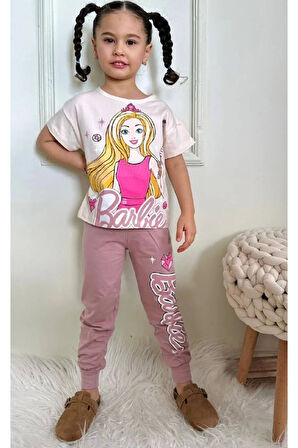 PJKKE Barbie Desenli Gül Kurusu Eşofmanlı Kız Çocuk Kısa Kol Takım 3-10 Yaş 7494-GK