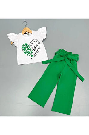 Love Kalp Desenli Croplu Kumaş Pantolonlu Kız Takım Yeşil 3-10 Yaş 07053-Y