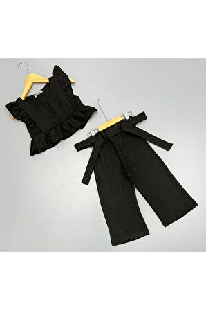 Keten Crop ve Pantolonlu Kız Takım Siyah 3-10 Yaş 507-S