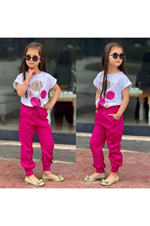 Çiçek Desenli Düğmeli Manşetli Paçalı Kumaş Pantolonlu Kız Takım Fuşya 5-14 Yaş 516-F