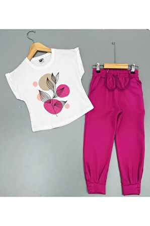 Çiçek Desenli Düğmeli Manşetli Paçalı Kumaş Pantolonlu Kız Takım Fuşya 5-14 Yaş 516-F
