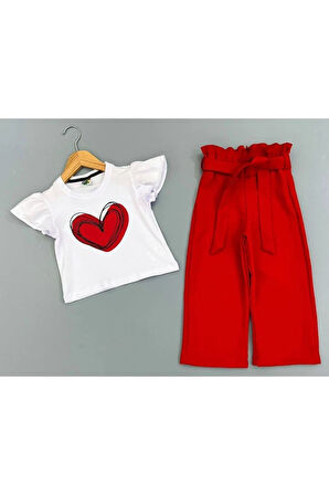 Kalp Desenli Croplu Kumaş Pantolonlu Kız Takım Kırmızı 3-10 Yaş 7050-K