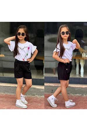 Çiçek Baskılı Şortlu Kız Takım Siyah 7103-S